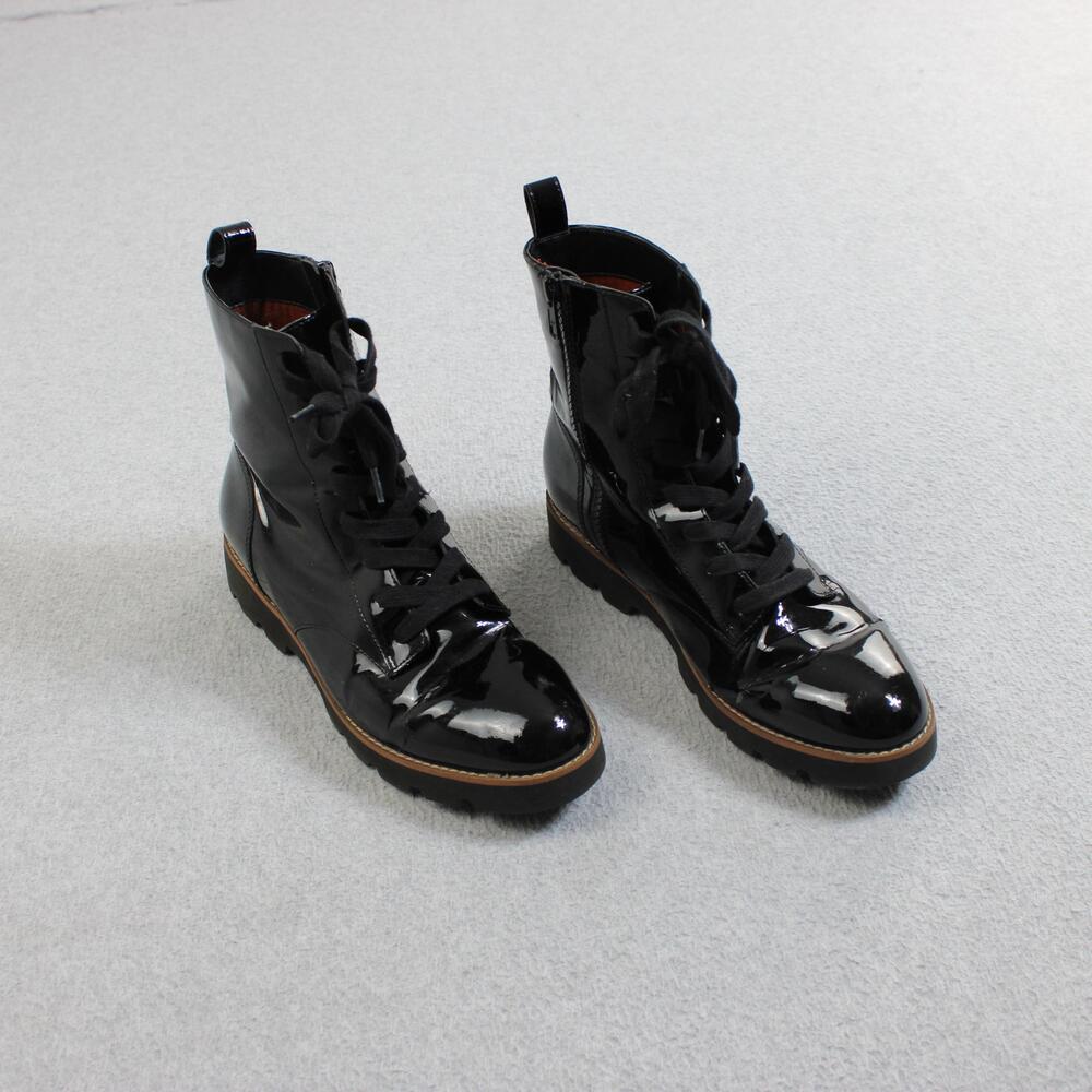 Vionic Lani Boots Womens Size 7.5 Black Patent Leather Combat Ankle Lace Zip Lug